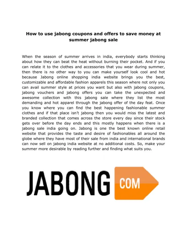 How to use jabong coupons and offers to save money at summer jabong sale