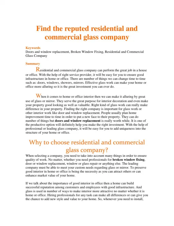 Find the reputed residential and commercial glass company