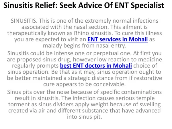 Sinusitis Relief: Seek Advice Of ENT Specialist