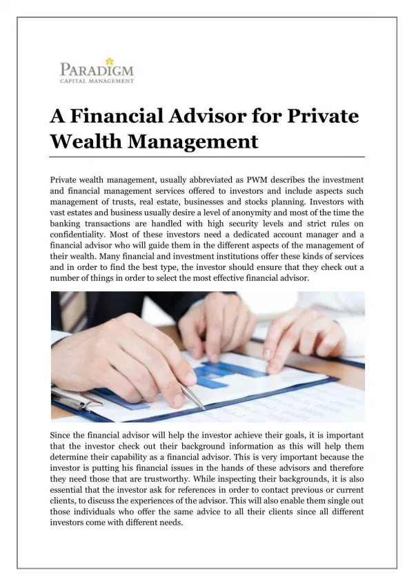 A Financial Advisor for Private Wealth Management