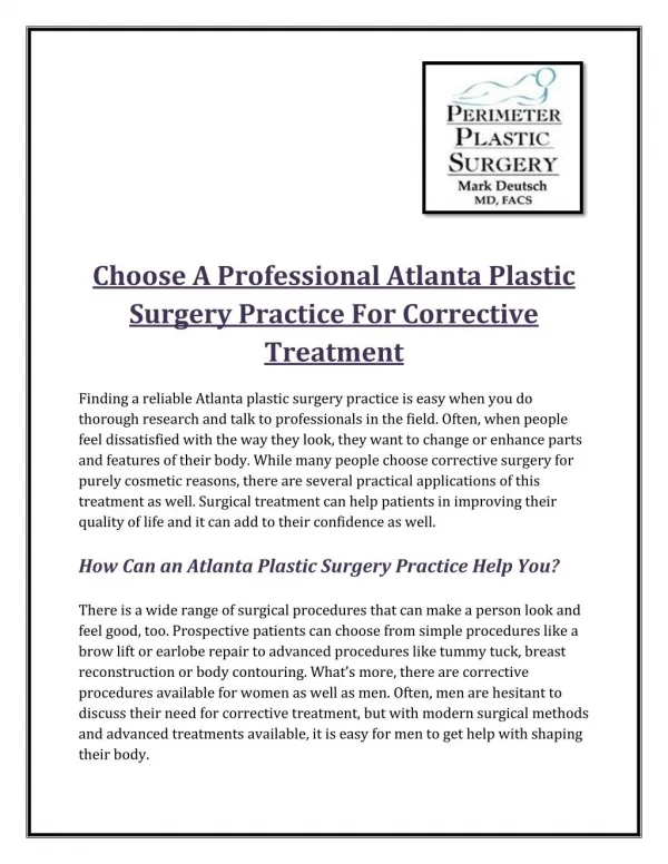 Choose A Professional Atlanta Plastic Surgery Practice For Corrective Treatment