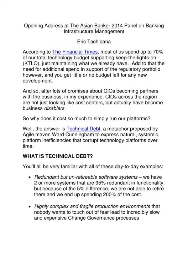 Opening address at the asian banker 2014 panel on banking infrastructure management