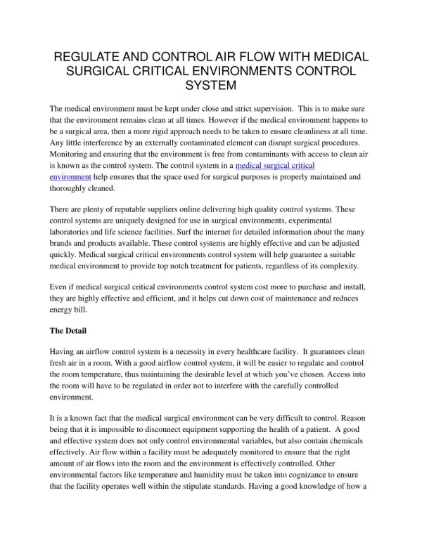 Regulate and Control Air Flow With Medical Surgical Critical Environments Control System