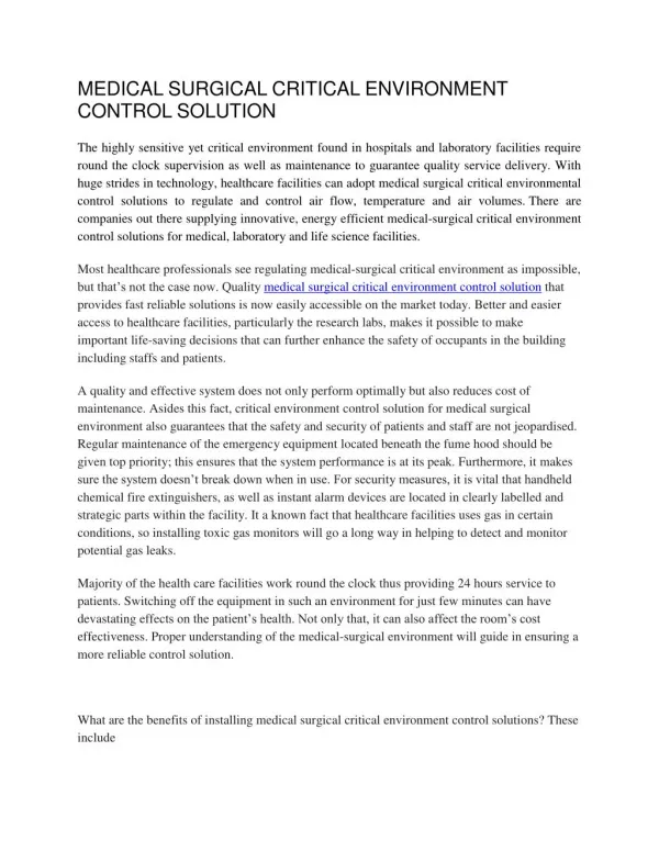 Medical Surgical Critical Environment Control Solution