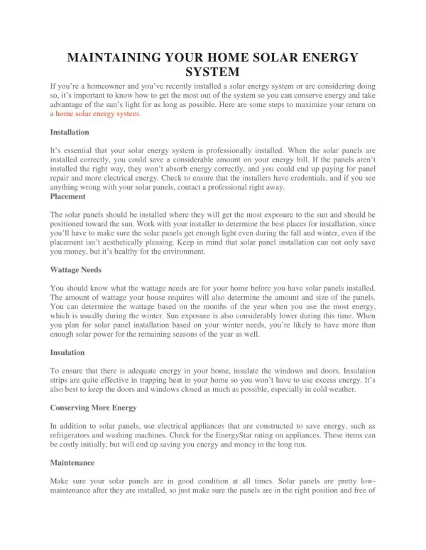 Maintaining your home solar energy system