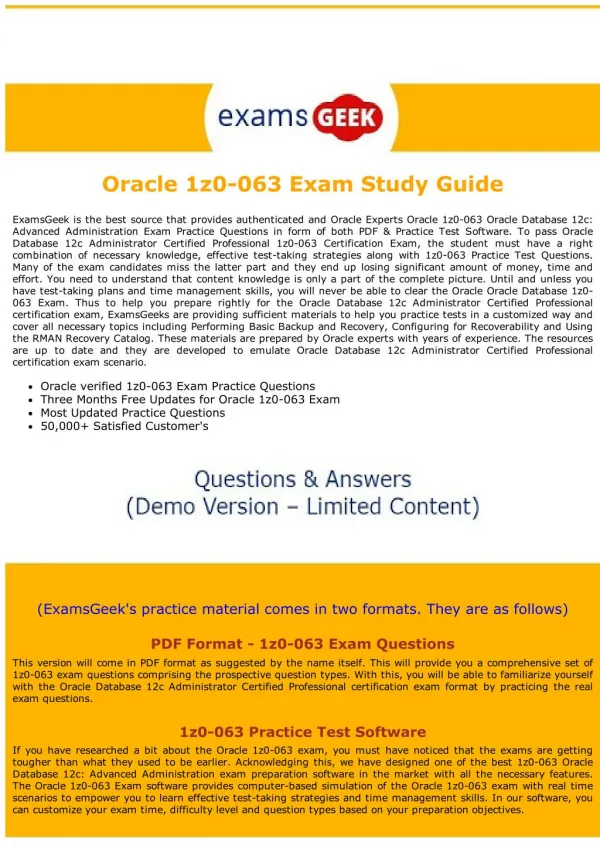 1z0-063 Exam Dumps - Oracle Database Exam Questions