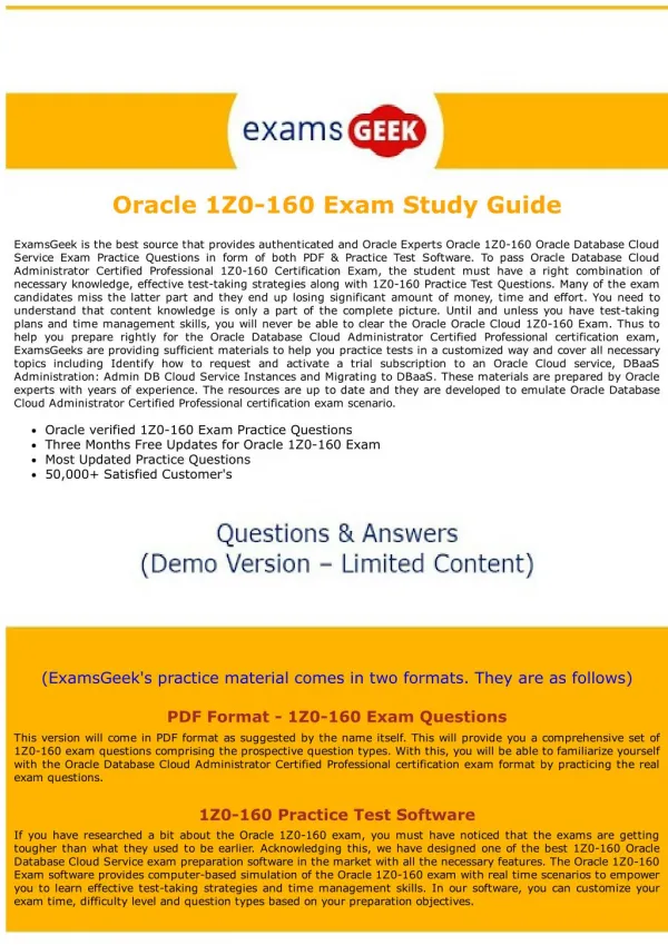 Latest 1Z0-160 Oracle Database Cloud Administrator Certified Professional Exam Dumps