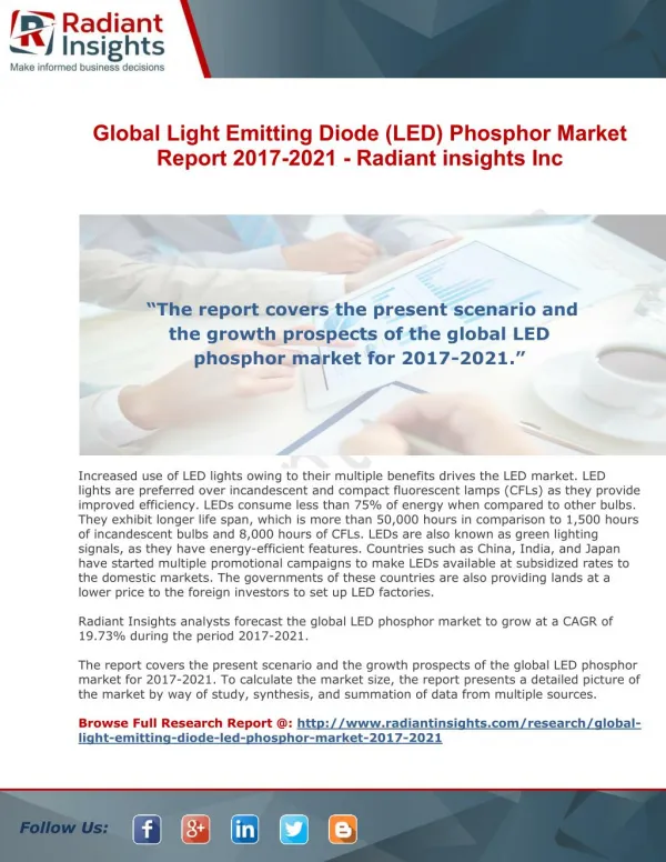 Global Light Emitting Diode (LED) Phosphor Market Report 2017-2021 - Radiant insights Inc