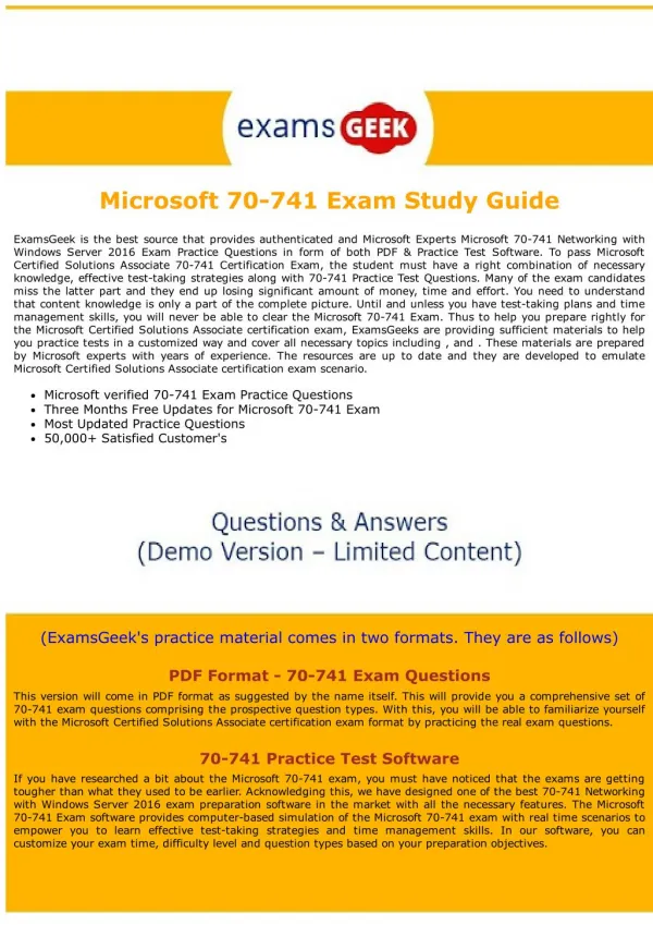 Latest MCSA Dumps - 70-741 Microsoft Certified Solutions Associate Exam