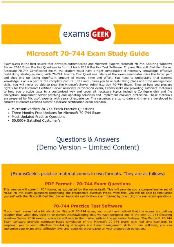 Latest MCSA Dumps - 70-744 Microsoft Certified Solutions Associate Exam Questions