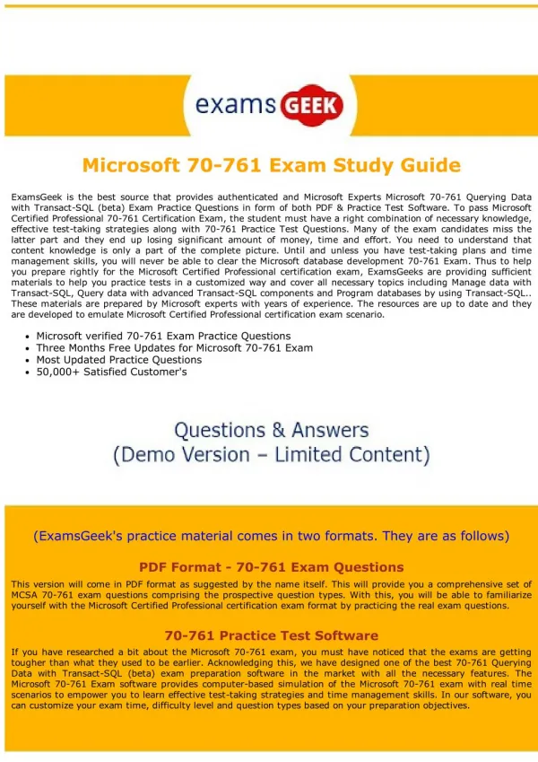 MCSA Dumps - 70-761 Microsoft Certified Professional Exam Questions