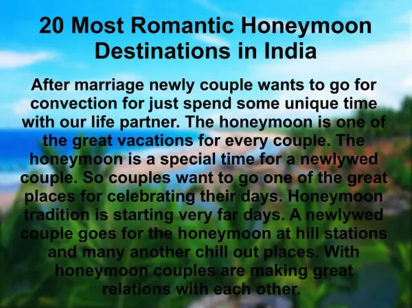 20 Most Romantic Honeymoon Destinations in India