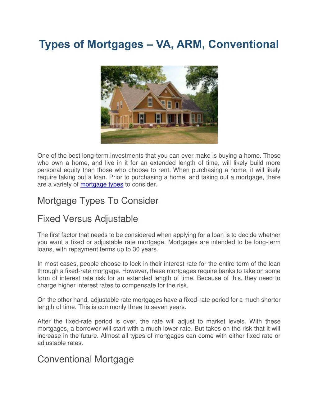 types of mortgages va arm conventional