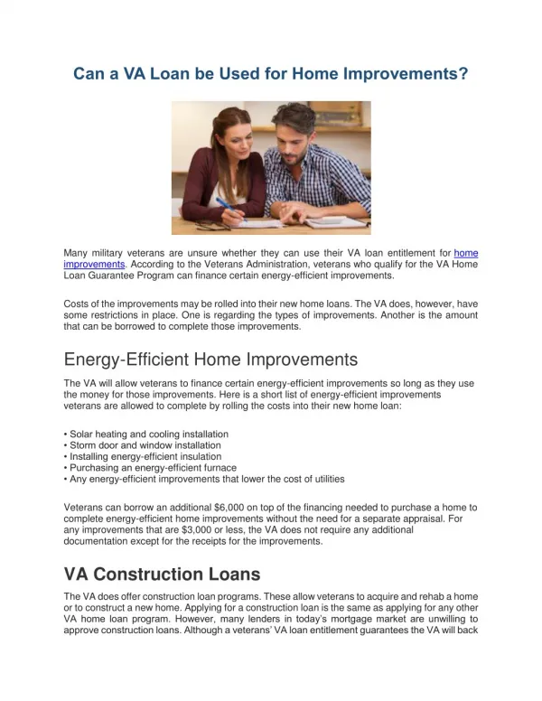 Can a VA Loan be Used for Home Improvements?