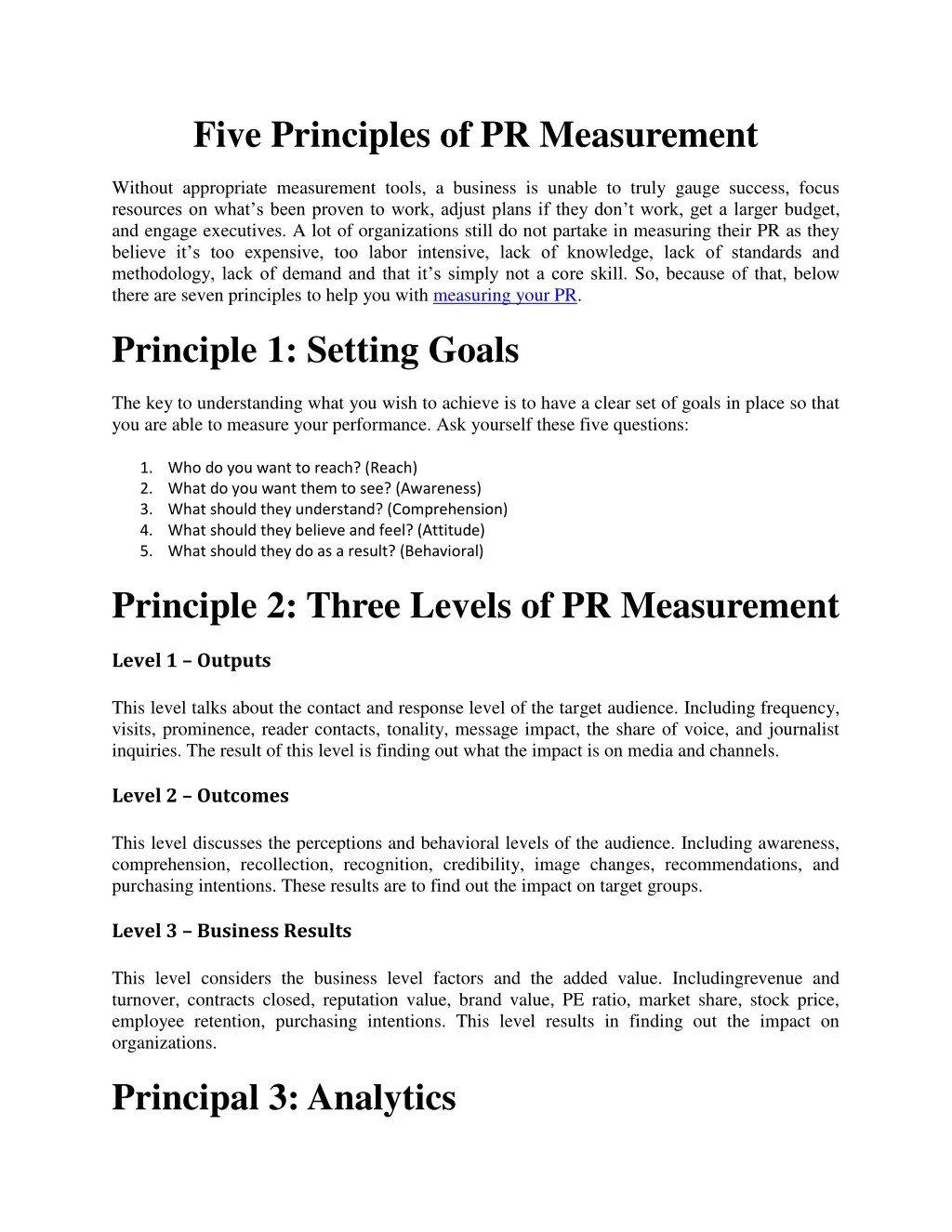five principles of pr measurement