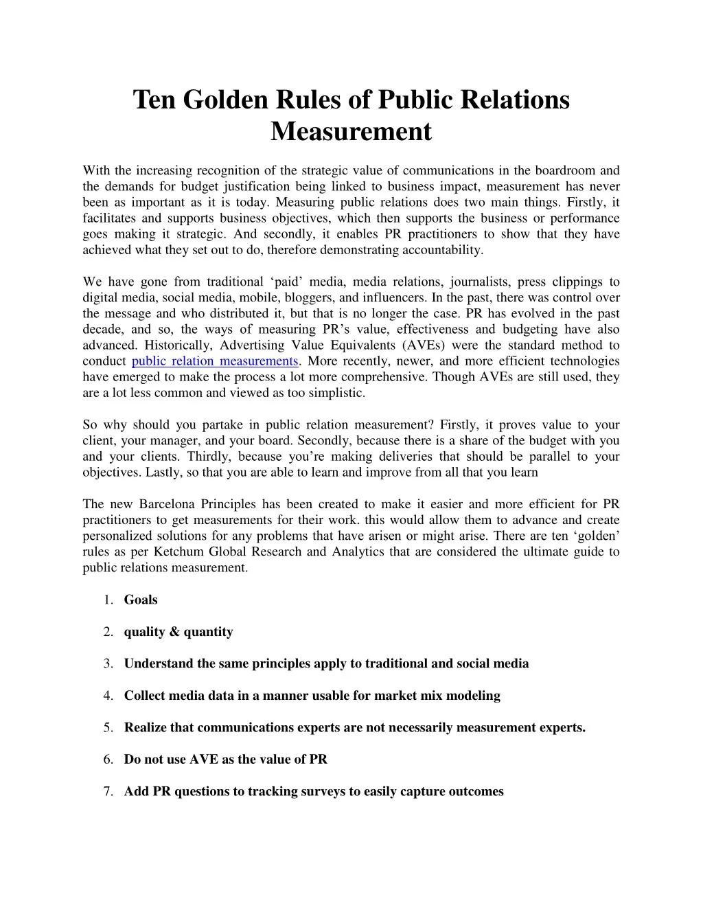 ten golden rules of public relations measurement