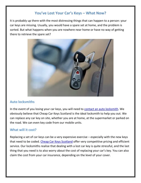 You’ve Lost Your Car’s Keys – What Now?