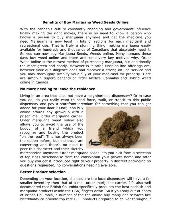 Benefits of Buy Marijuana Weed Seeds Online