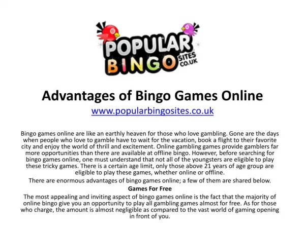 Advantages of Bingo Games Online