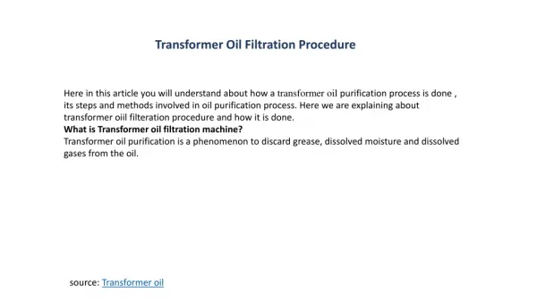 Transformer oil filtration procedure