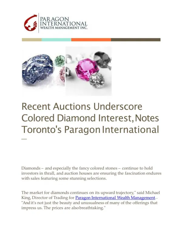 Recent Auctions Underscore Colored Diamond Interest, Notes Toronto's Paragon International