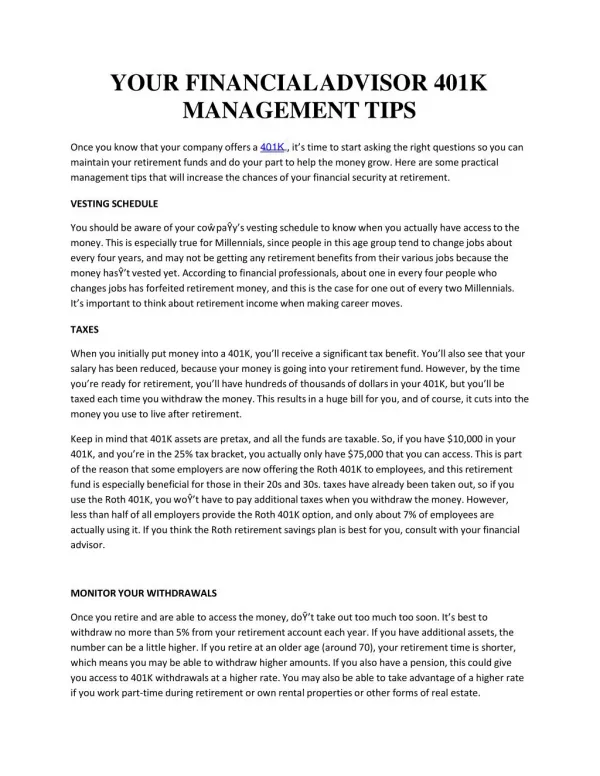 YOUR FINANCIAL ADVISOR 401K MANAGEMENT TIPS