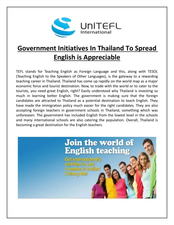 Government Initiatives In Thailand To Spread English is Appreciable