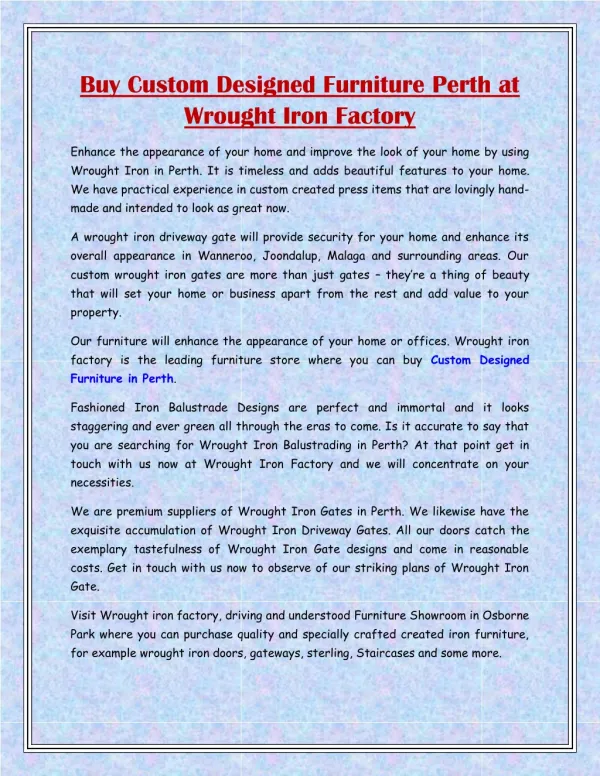 Buy Custom Designed Furniture Perth at Wrought Iron Factory