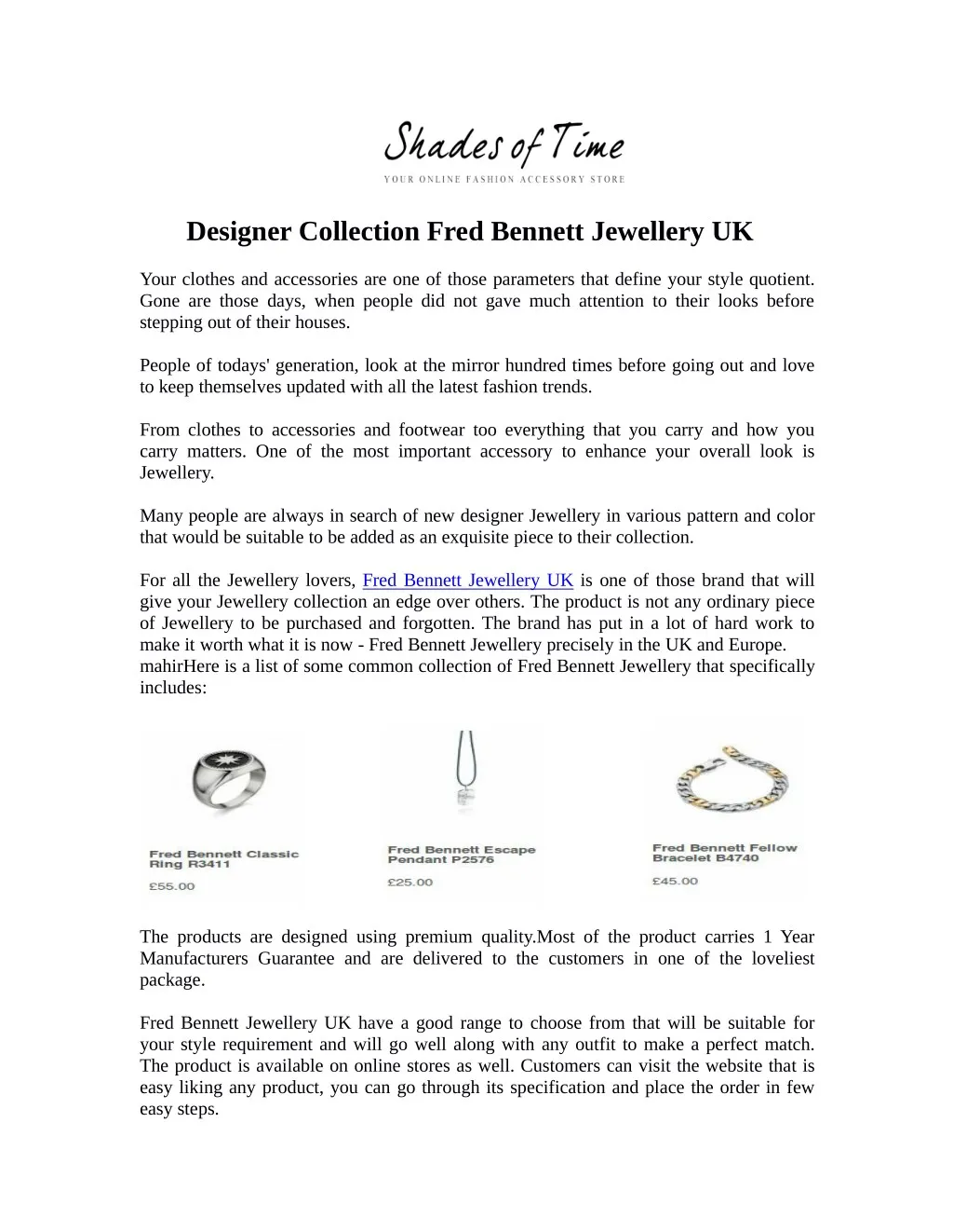 designer collection fred bennett jewellery uk