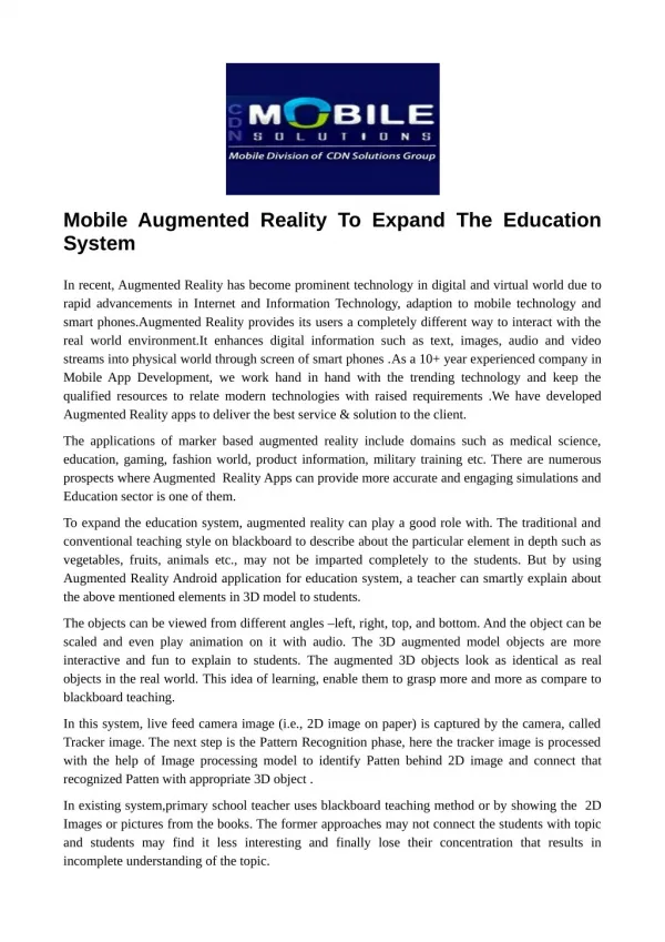 Mobile Augmented Reality To Expand The Education System