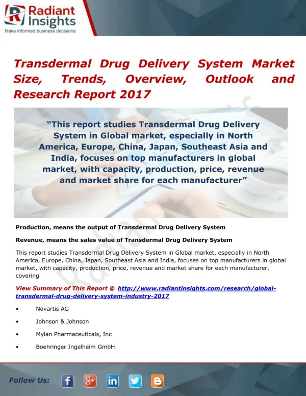 Transdermal Drug Delivery System Market Analysis and Forecasts, Opportunities and Outlook 2017