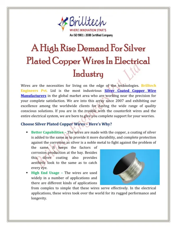 A High Rise Demand For Silver Plated Copper Wires In Electrical Industry