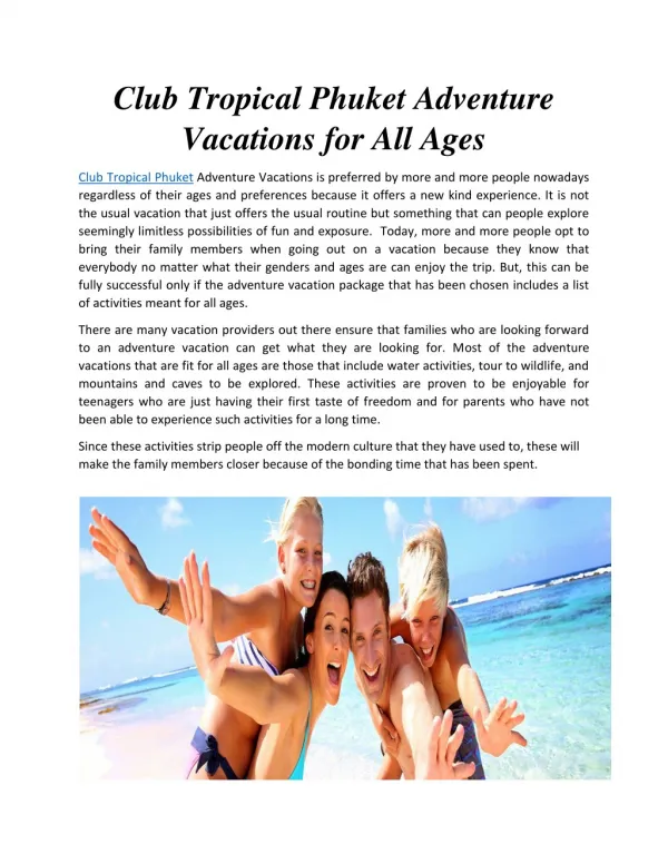 Club Tropical Phuket Adventure Vacations for All Ages