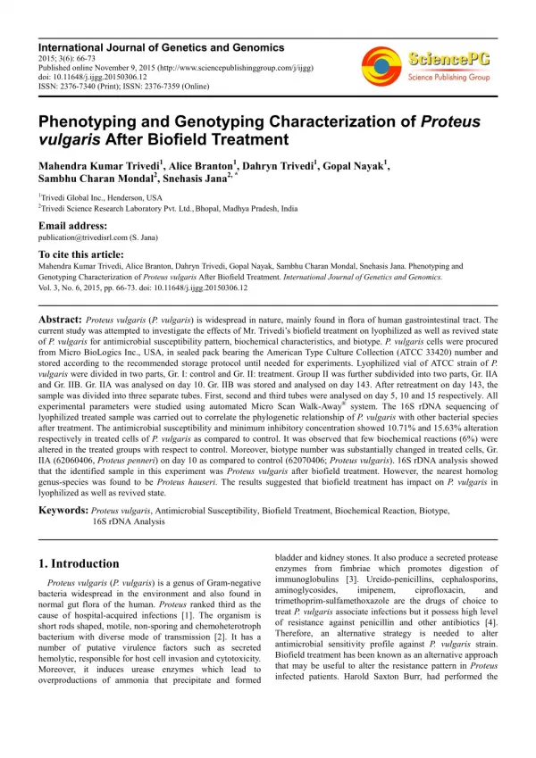 Phenotyping and Genotyping Characterization of Proteus vulgaris After Biofield Treatment