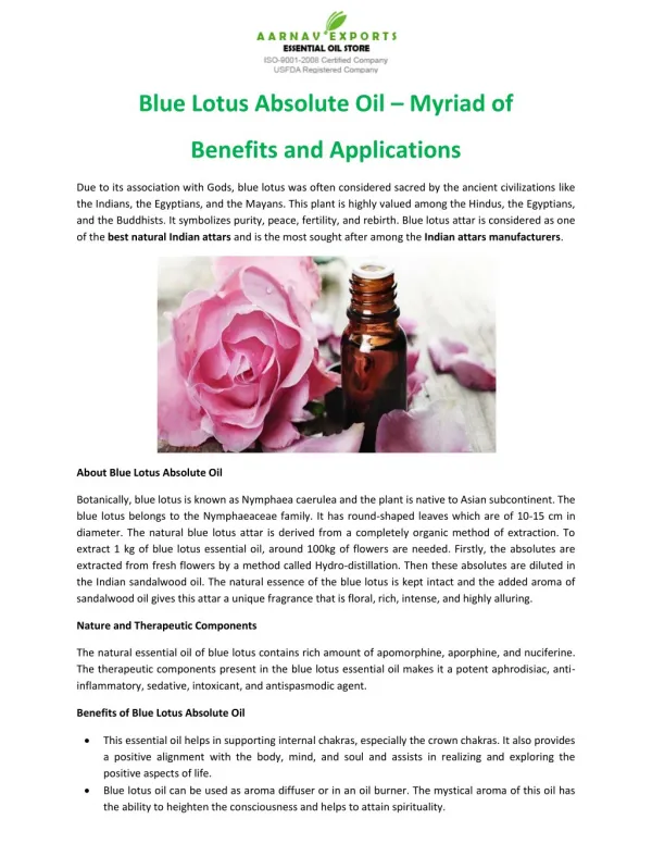 Blue Lotus Absolute Oil – Myriad of Benefits and Applications