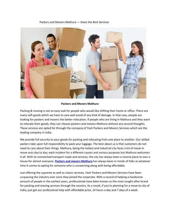 Packers and Movers Mathura