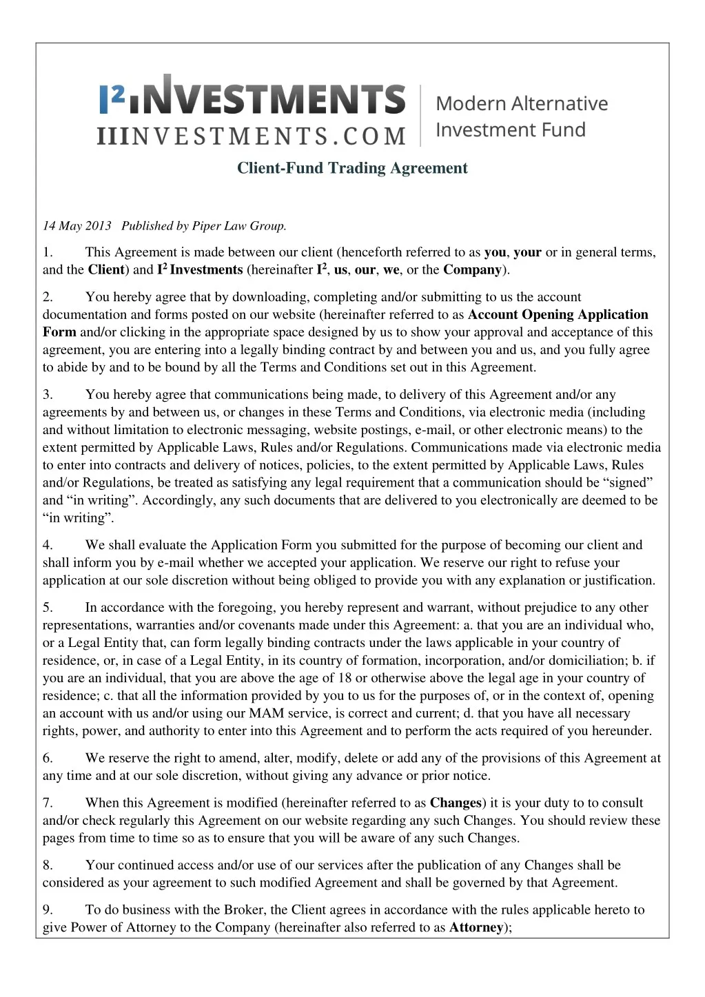 client fund trading agreement