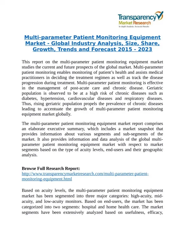 Multi-parameter Patient Monitoring Equipment Market Research Report Forecast to 2023