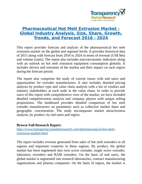 Pharmaceutical Hot Melt Extrusion Market is expanding at a CAGR of 3.90% from 2016 to 2024