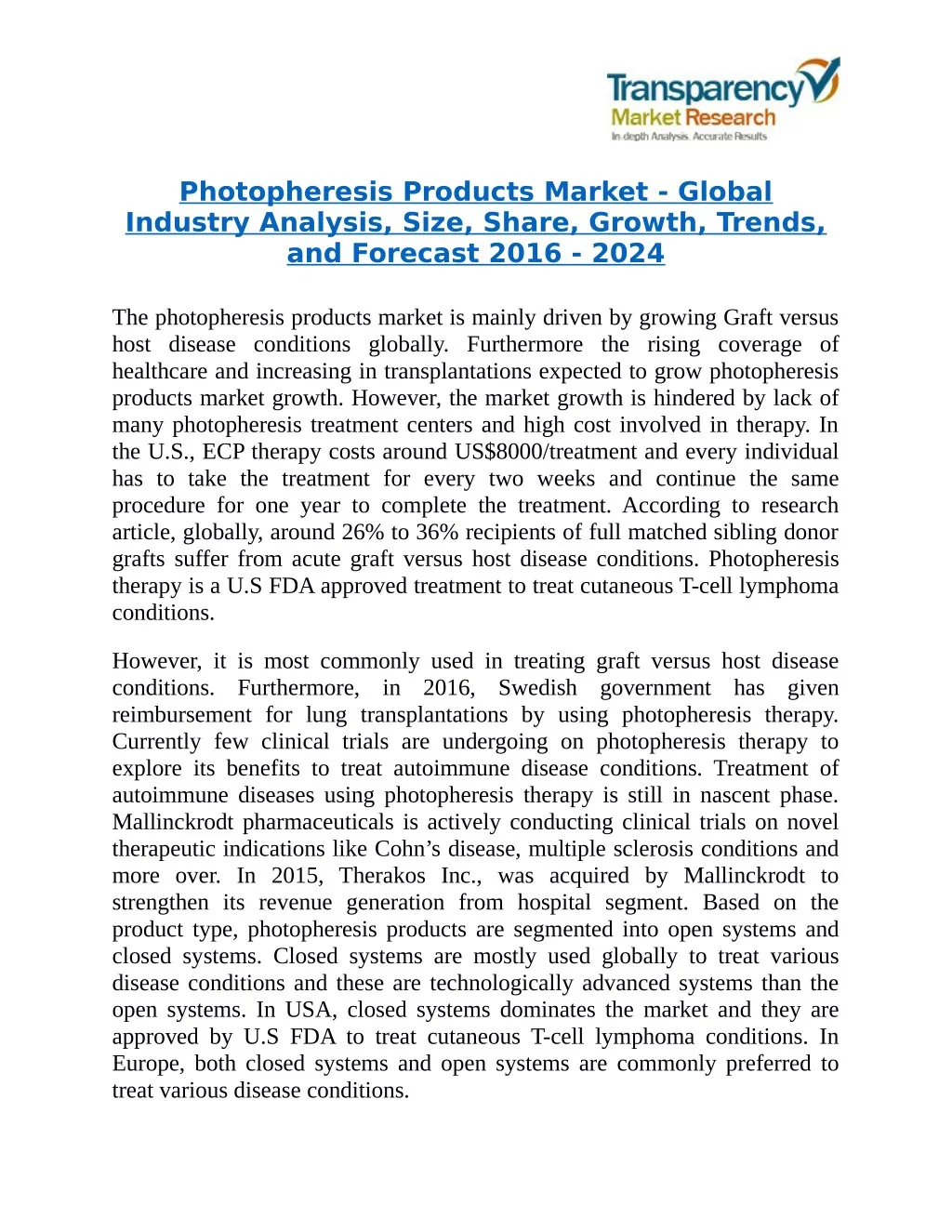 photopheresis products market global industry