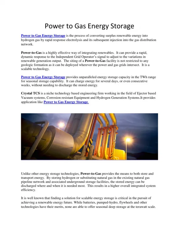 Power to Gas Energy Storage