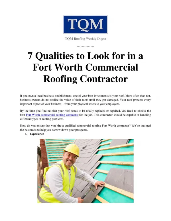 7 Qualities to Look for in a Fort Worth Commercial Roofing Contractor