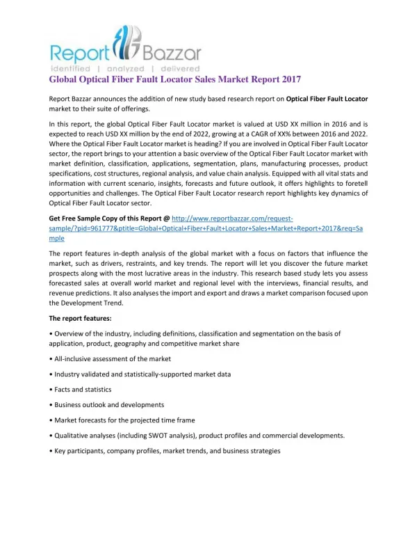 Global Optical Fiber Fault Locator Sales Market Report 2017