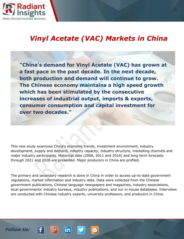 Vinyl Acetate (VAC) in China Market Growth and Forecast To 2021 - 2026