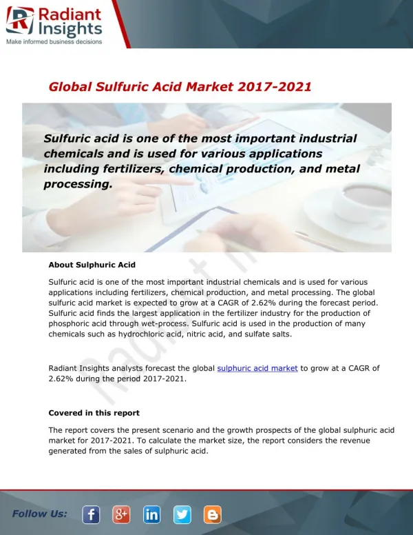 Global Sulfuric Acid Market and Forecast Report to 2021:Radiant Insights, Inc