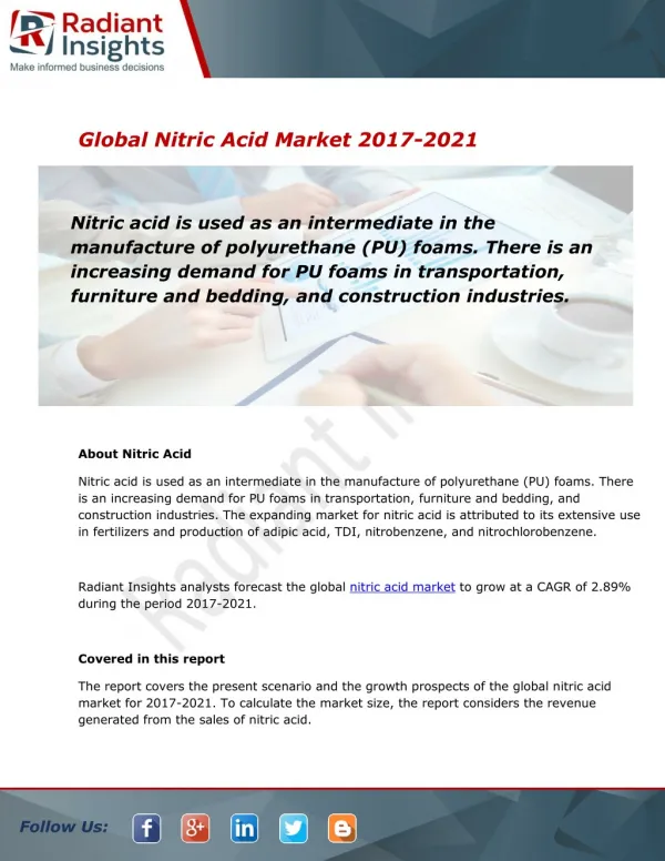 Global Nitric Acid Market and Forecast Report to 2021:Radiant Insights, Inc