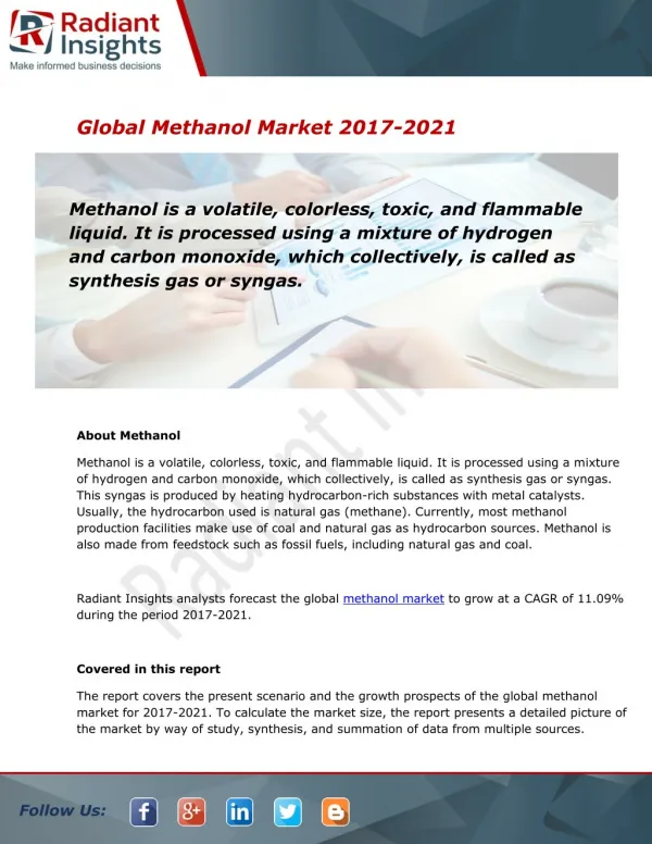 Global Methanol Market and Forecast Report to 2021:Radiant Insights, Inc