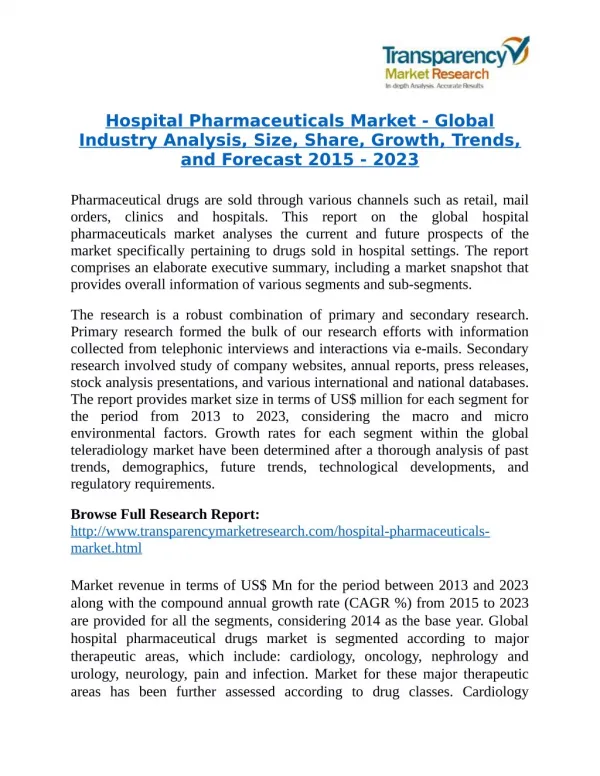 Hospital Pharmaceuticals Market Research Report Forecast to 2023