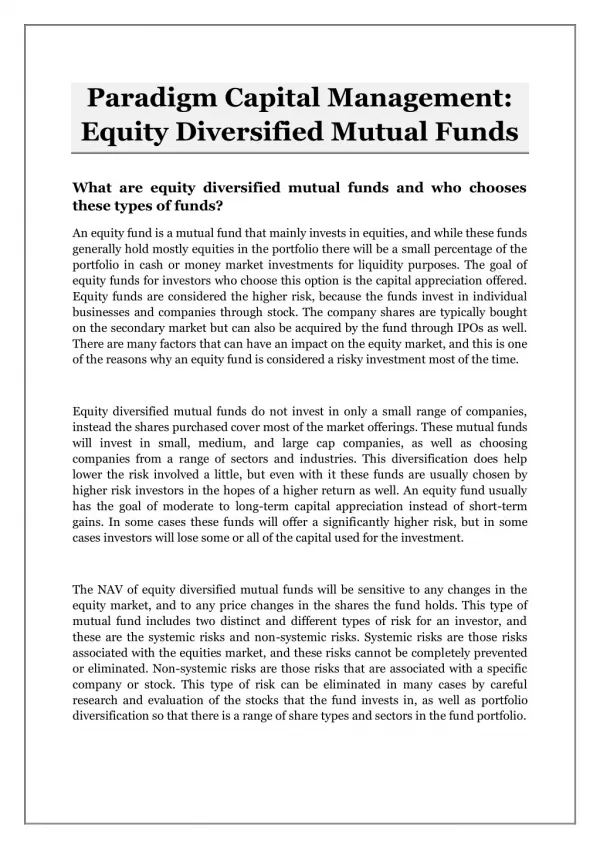 Paradigm Capital Management: Equity Diversified Mutual Funds