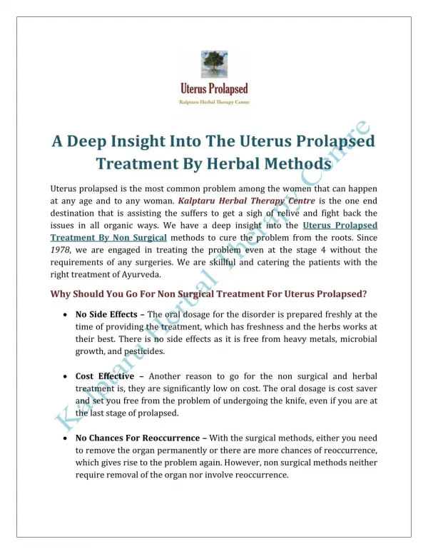A Deep Insight Into The Uterus Prolapsed Treatment By Herbal Methods